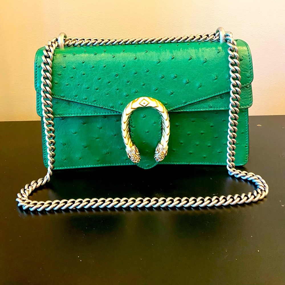 NWT Gucci Dionysus Green Ostrich Bag with White Enameled Horseshoe w/Dragonheads